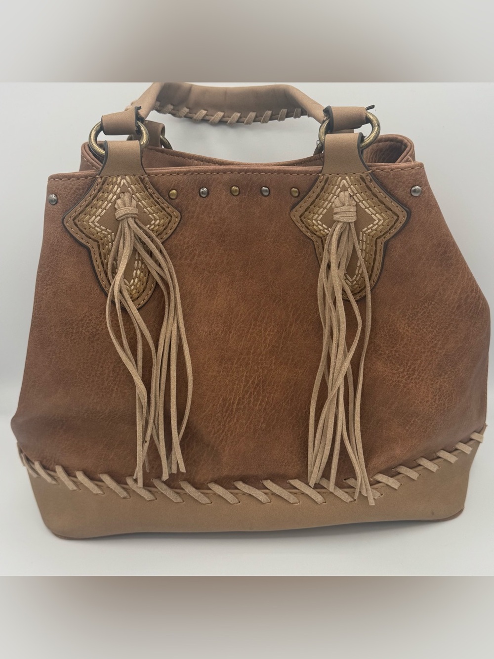 Justin Boots Western Chestnut Conceal Carry Tote Bag Satchel Whipstitch Fringe